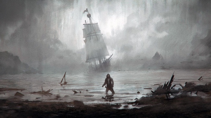 A lone man stands in the sea near a wrecked ship