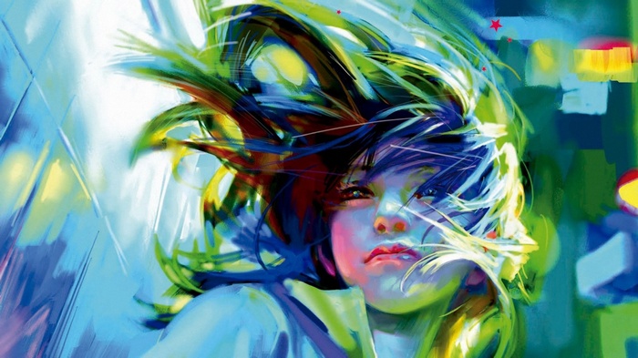 Artwork of a woman with colorful, windswept hair