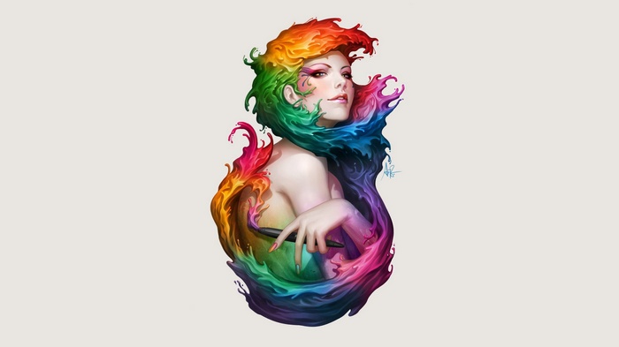 Artwork by Artgerm featuring a woman with rainbow-colored hair