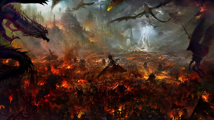 Fantasy battle with dragons and armies
