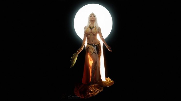 Woman in a golden costume in front of a large moon