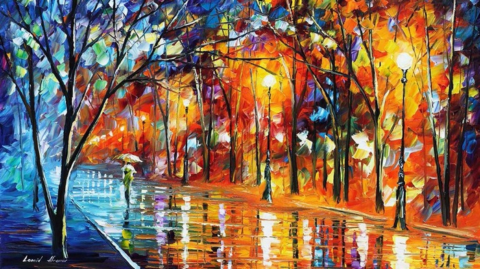 Painting of a park at night by Leonid Afremov