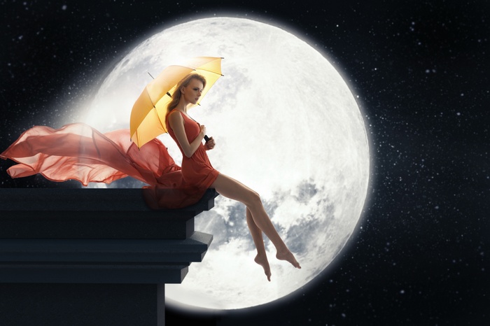 umbrella, barefoot, Moon, women