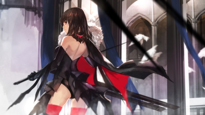Anime girl with black hair and red accents