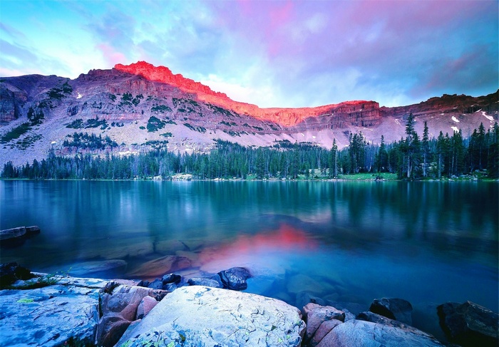 Lake and mountains at sunset