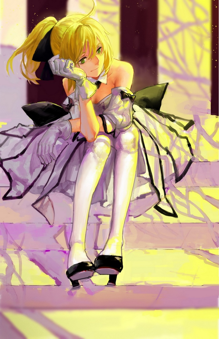 Saber Lily from Fate Series sitting on steps