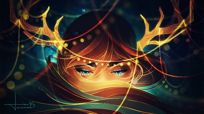 Fantasy girl with blue eyes and antlers