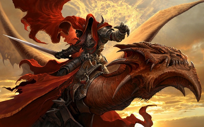 Fantasy warrior riding a dragon