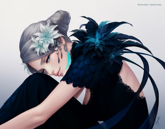 Anime girl with flowers and feathers