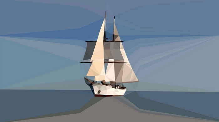 Low poly sailing ship on the sea