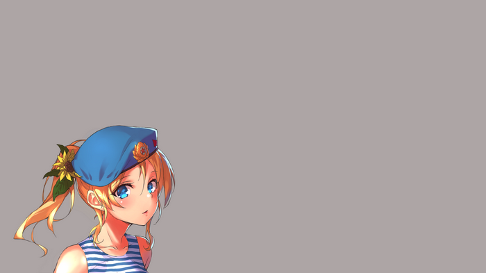 Ayase Eri in a blue beret and striped tank top
