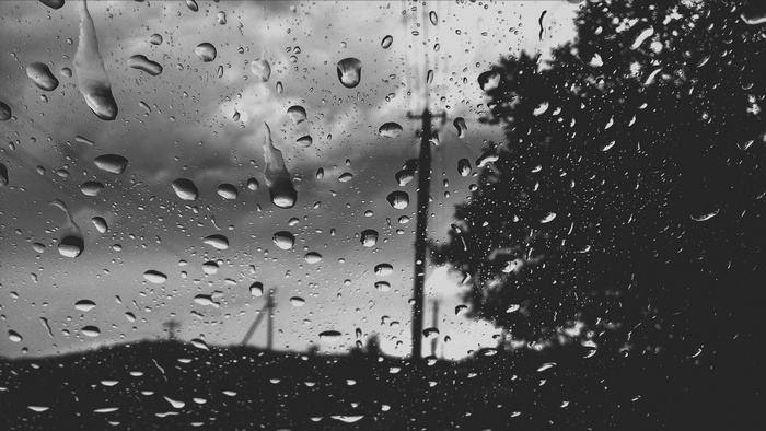 Raindrops on glass with trees and sky