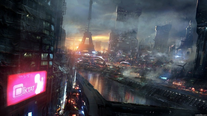 Futuristic Paris with Eiffel Tower and River