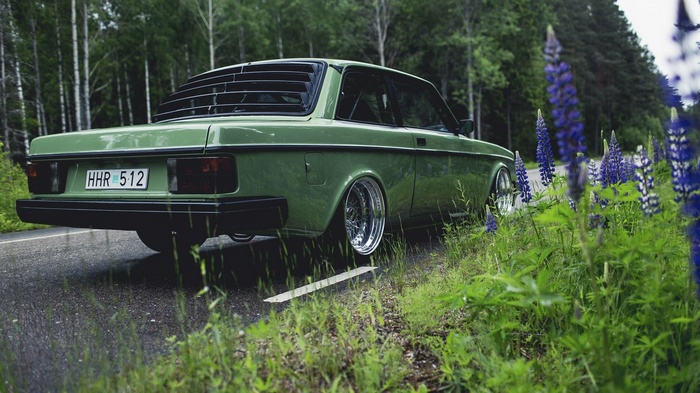 Green Volvo 240 coupe parked on a road with lupines