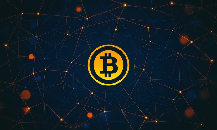 Bitcoin logo on a dark network background