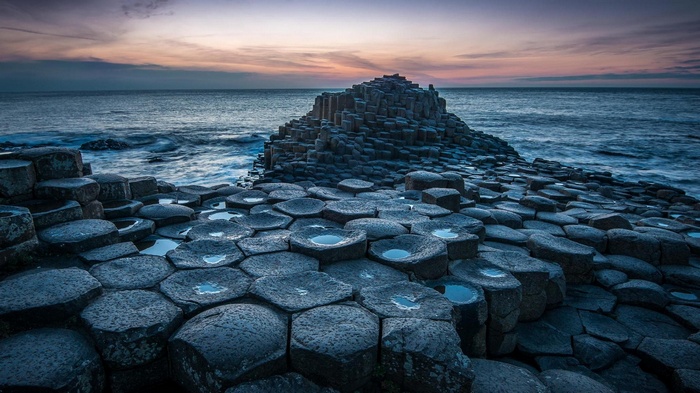 Giants Causeway rock formation at sunset