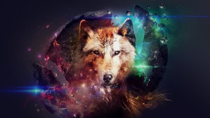 Fantasy wolf artwork in space with planets and stars