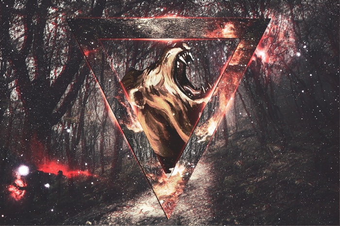 Lion roaring inside a triangle in a forest