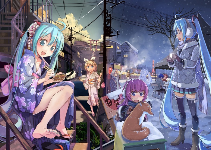 Hatsune Miku and friends in summer and winter scenes