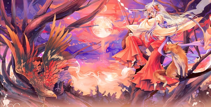 Anime girl with fox and eagle under the moon