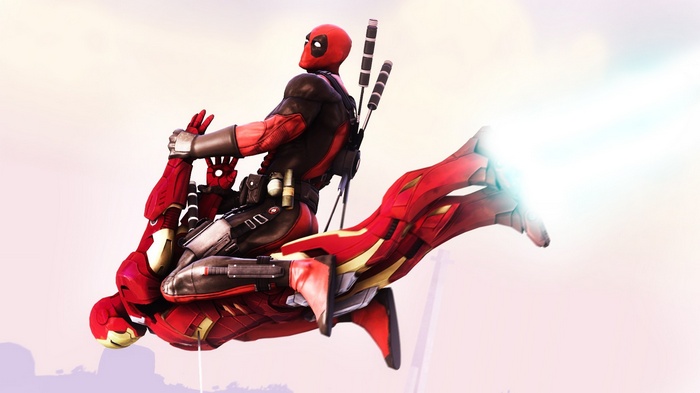Deadpool riding Iron Man's armor in the sky