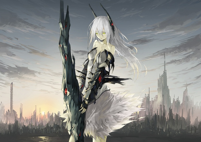 Anime girl with white hair and a large weapon in a city