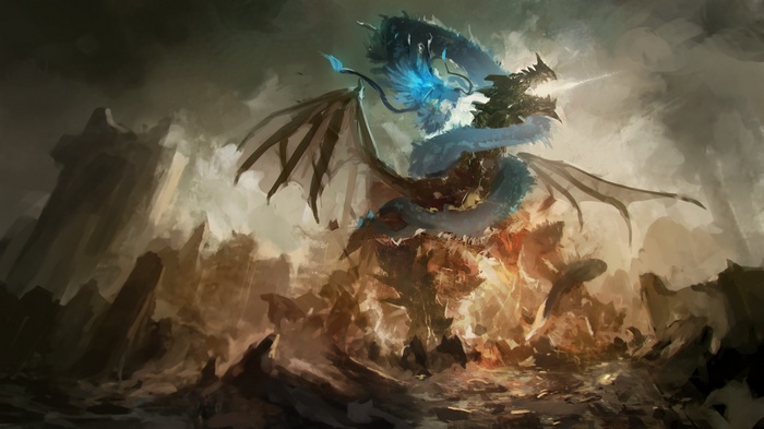 A blue dragon breathes fire amidst ruins