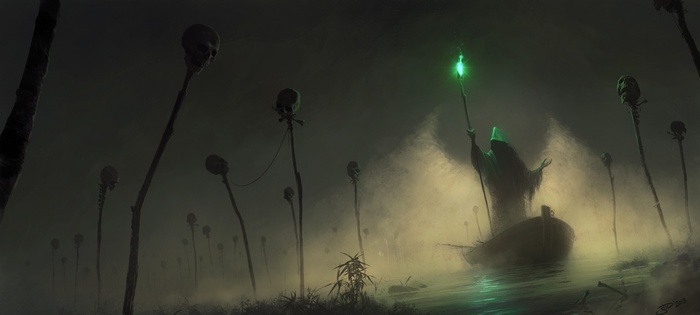 Fantasy art of a cloaked figure in a boat with skulls