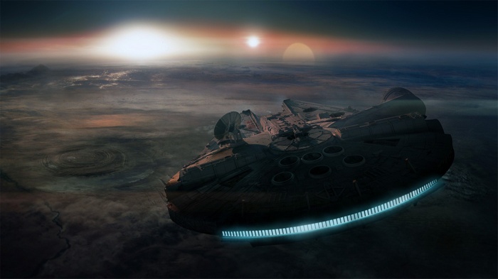 Millennium Falcon flying over a planet