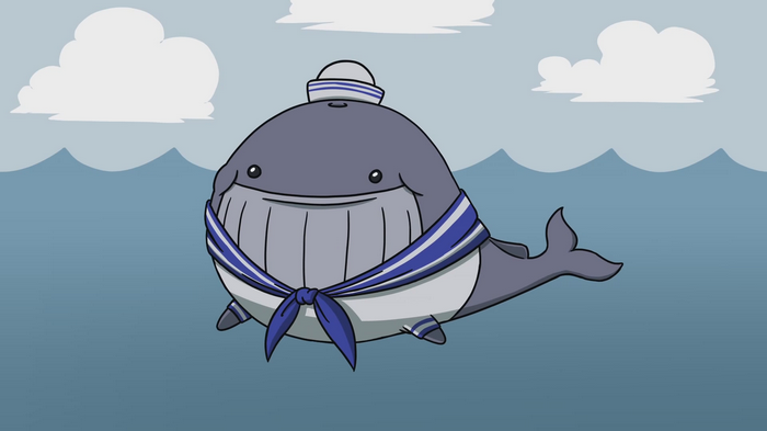 A cartoon whale wearing a sailor hat and scarf