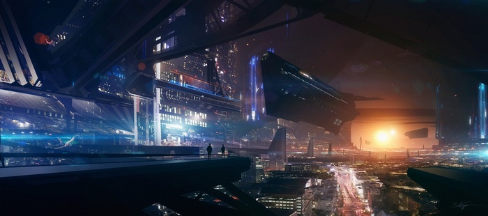 Futuristic city with spaceships and people
