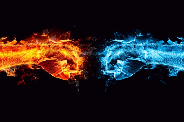digital art, fists, hands, fire, water, ice