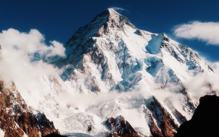 Snow-covered K2 mountain under a blue sky