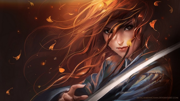 Redhead samurai girl with a sword