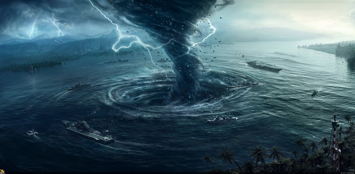 Massive tornado engulfs ships during a lightning storm