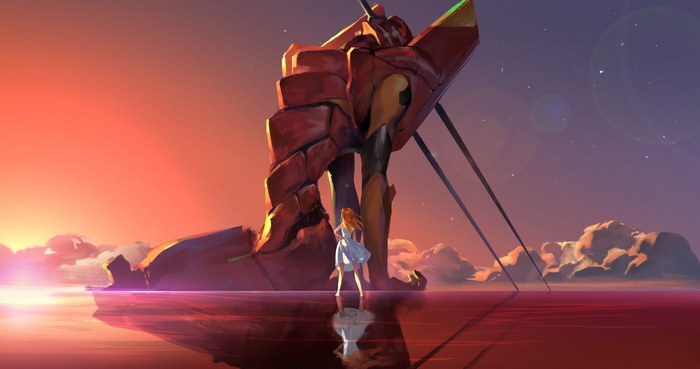 Asuka Langley Soryu and EVA Unit 02 at sunset