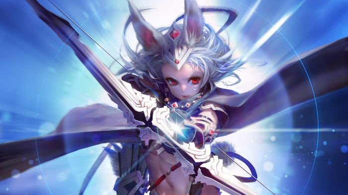 Anime girl with bunny ears drawing a bow