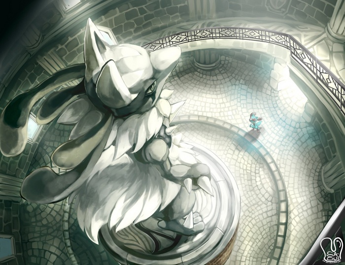 Lucario statue in a grand stone hall