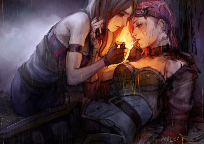 Vi lights Caitlyn's cigarette in the rain