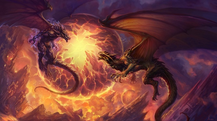 Two dragons battling in a fiery explosion