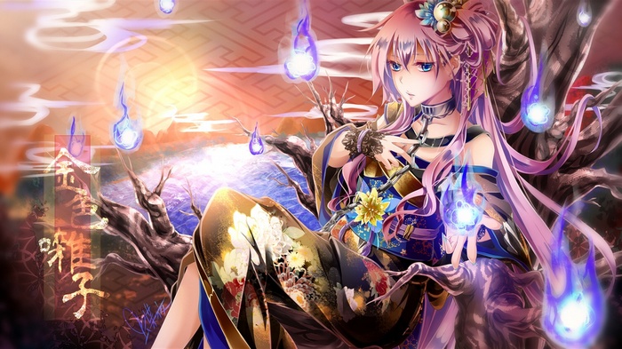 Megurine Luka in a Kimono with Magical Orbs