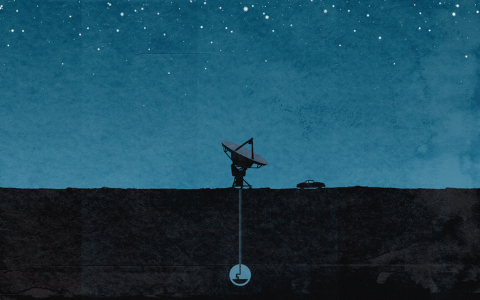 Satellite dish and car under a starry night sky