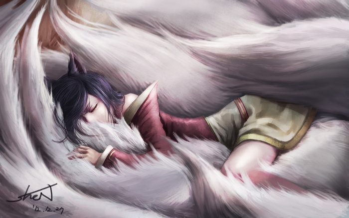 Ahri from League of Legends sleeping surrounded by her tails