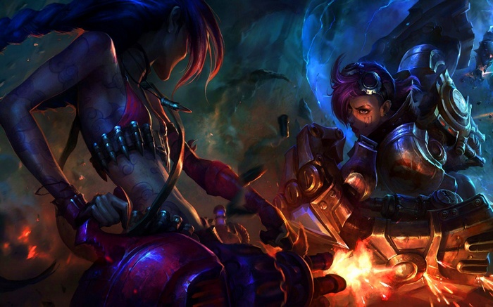 Jinx and Vi from League of Legends fighting