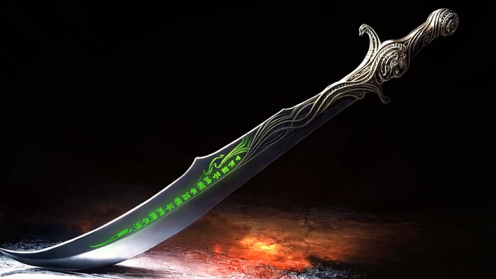 Fantasy scimitar with glowing green runes
