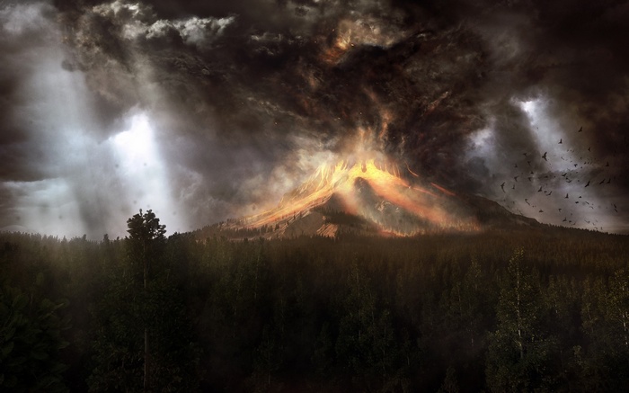 Volcano erupting over a dark forest