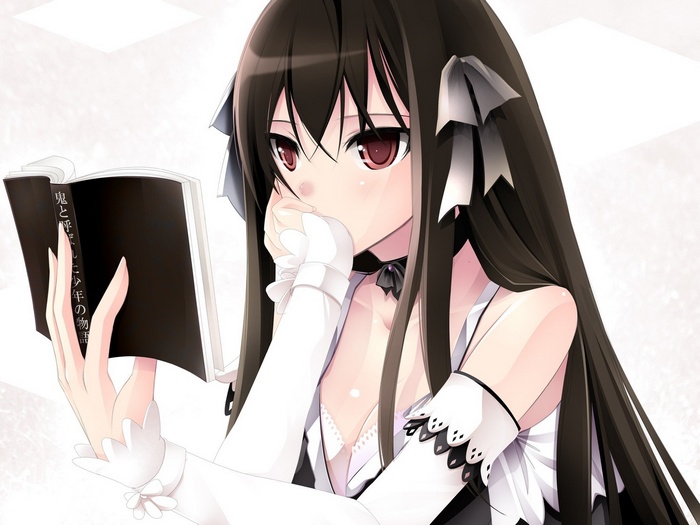 Anime girl with long dark hair reading a book