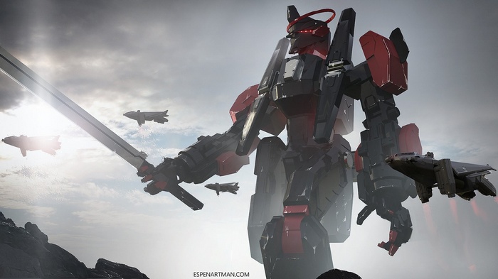 Giant red and black mech holding a sword