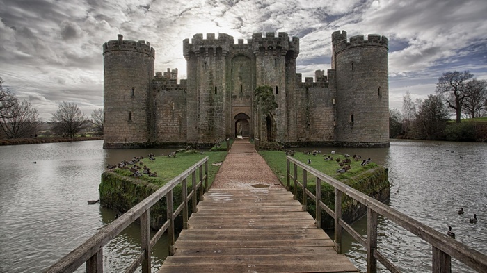 Bodiam Castle, England, with moat and wooden bridge