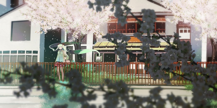 Hatsune Miku under cherry blossoms